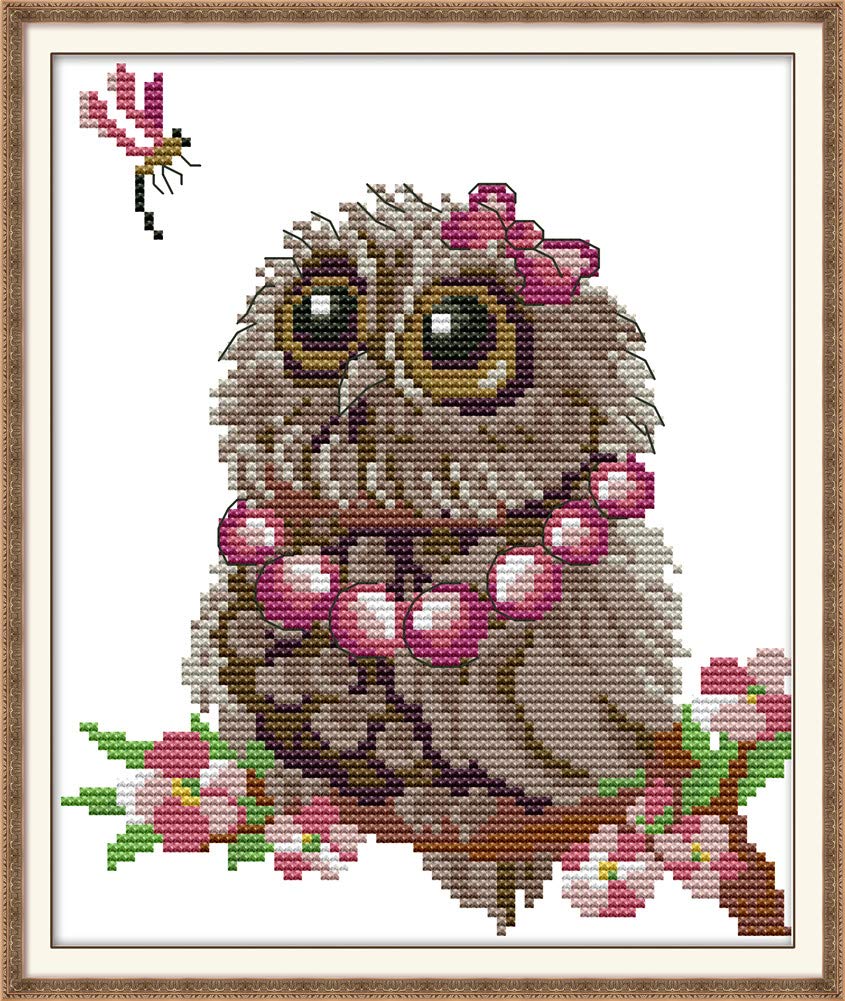 YEESAM ART Cross Stitch Kits Stamped for Adults Beginner Kids, Owl Dragonfly Flowers 11CT 28×38cm DIY Embroidery Needlework Kit with Patterns Needlepoint Christmas