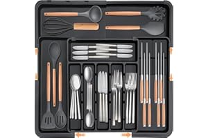 Oillase Silverware Organizer - Expandable Large Kitchen Drawer Organizer Utensil Organizer with 2 Removable Knife Blocks, 22"
