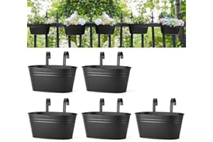 Dahey 10.5 Inch Metal Iron Hanging Flower Pots for Railing Fence Hanging Bucket Pots Countryside Style Window Flower Plant Holder with Detachable Hooks Home Decor,Black,5 Pcs