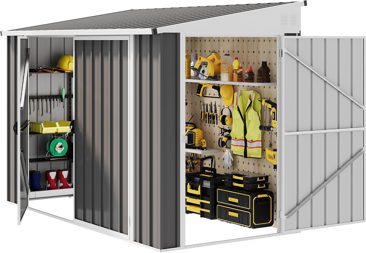 Photo 1 of DWVO 8x4 FT Outdoor Weatherproof Storage Shed, Secure Metal Bike Shed w/Lockable Entry, Garden Storage Solution for Lawn Equipment, Tools, Waste Bin, Dark Gray