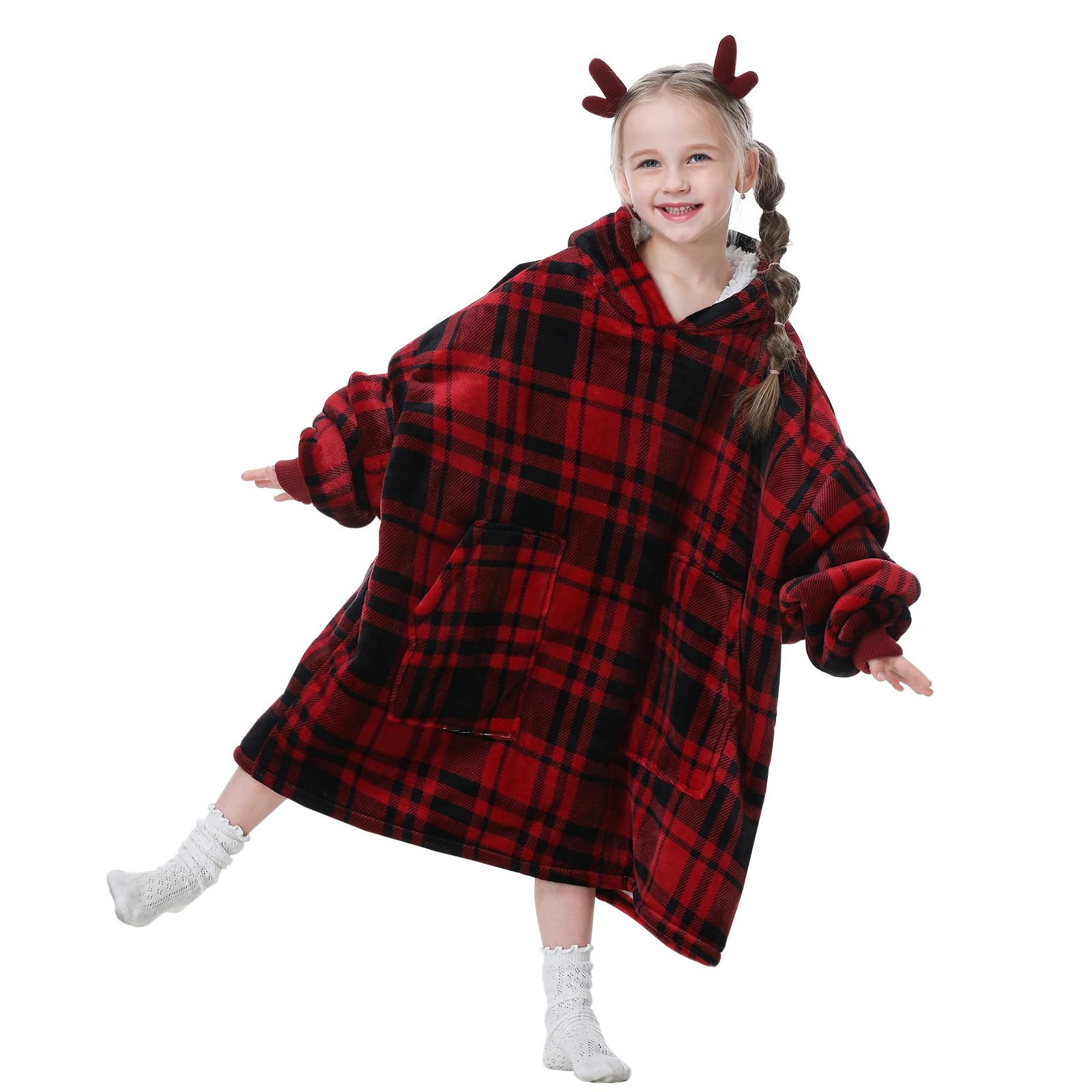 Aemicion Kids Blanket Hoodie,Cozy Sherpa Wearable Blanket,Thick Warm Sweatshirt Blanket,Gifts for Girls Boys-Red Plaid