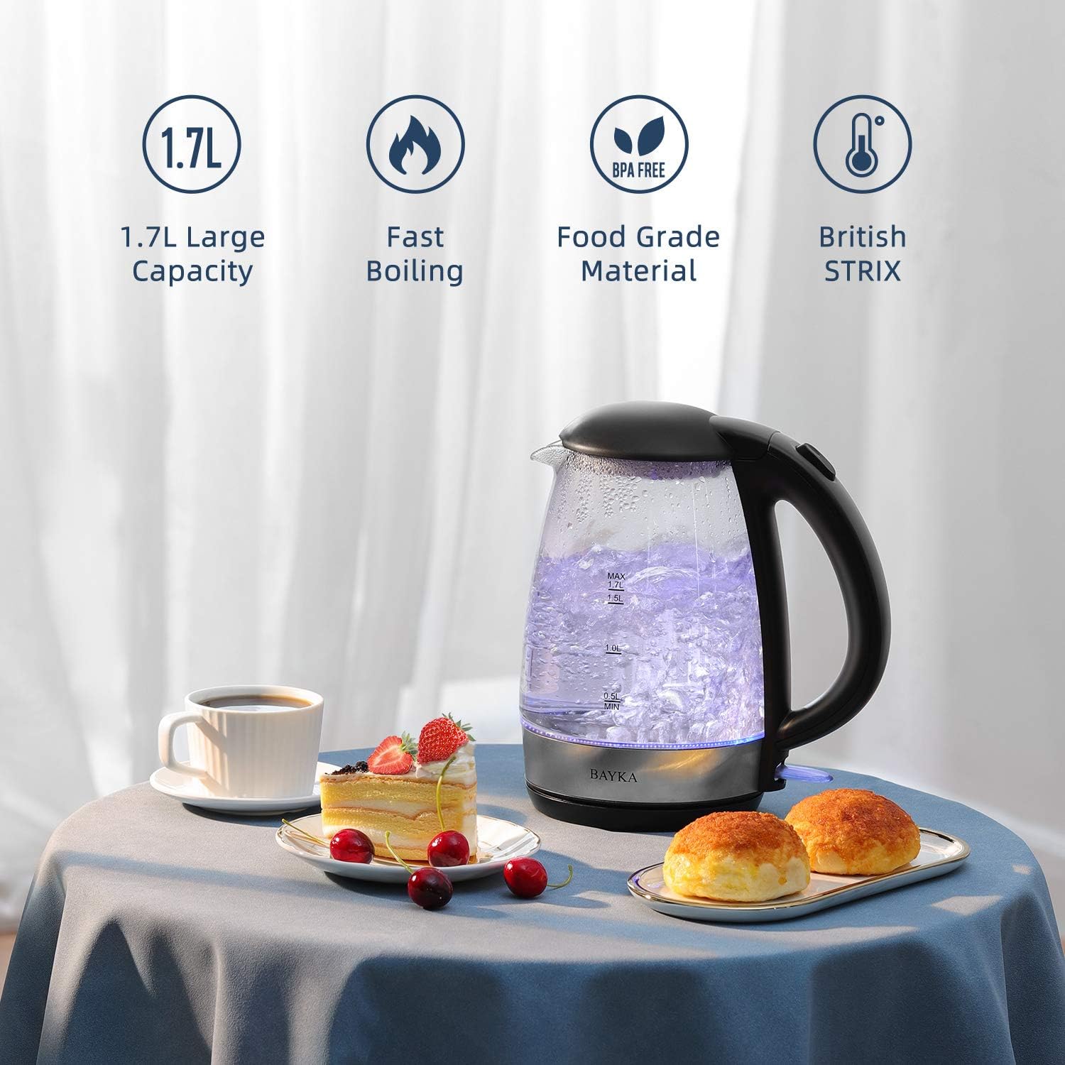 BAYKA Electric Kettle, 1.7L Tea Kettle with LED Indicator, Cordless Hot Water Glass Kettle for Coffee, Tea, Beverages Featuring Auto Shut-Off & Boil-Dry Protection: Kitchen & Dining