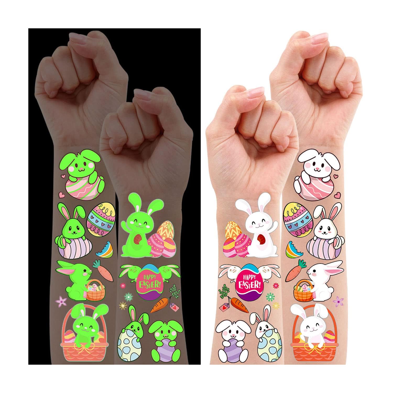Leesgel Easter Decorations for Boys Girls, 10 Sheets Luminous Temporary Tattoos for Kids Easter Basket Bags Fillers, Easter Eggs Tattoo Stickers for Glow Easter Party Supplies Favors