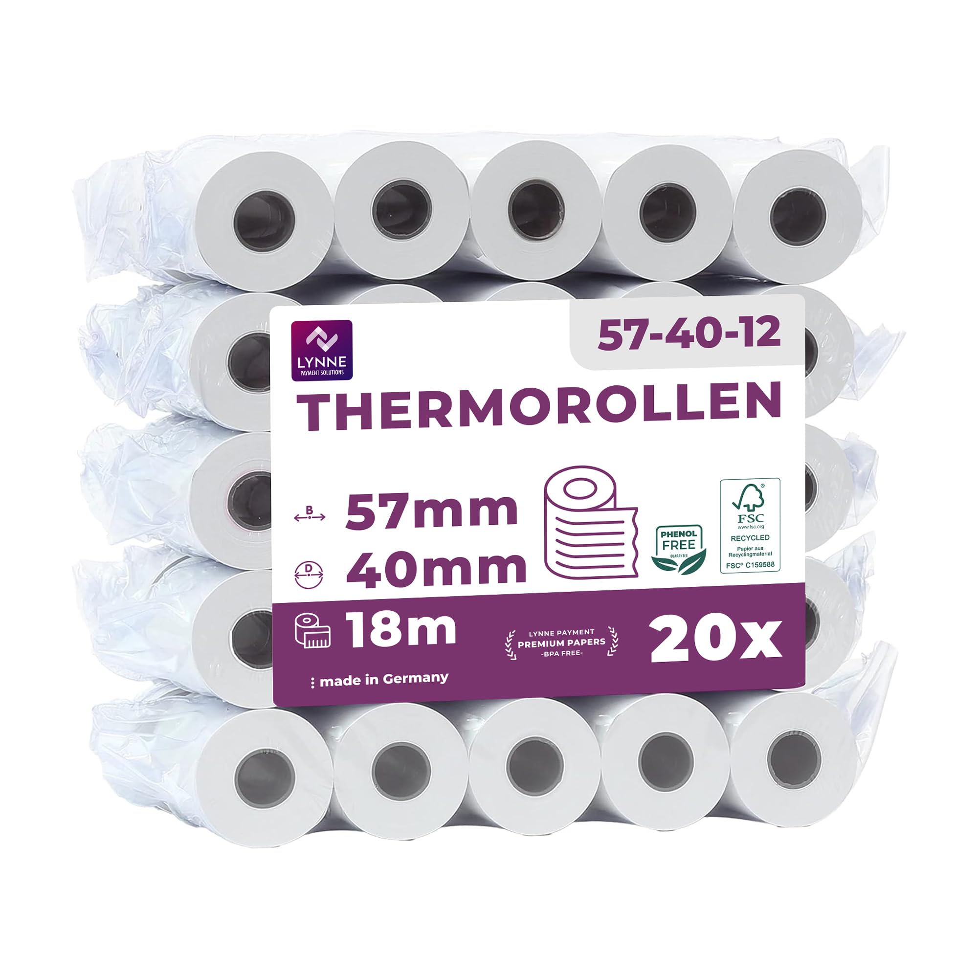 Ec- Thermal Rolls 57 mm x 18 m x 12 mm - Till Rolls - Thermal Paper - Receipt Rolls for Bankomat - Credit Card Readers (57 x 40 x 12) with SEPA Debit Text (20 Rolls)