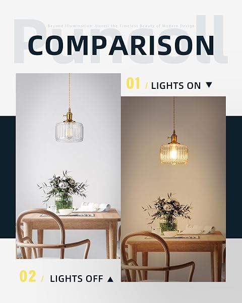 PUNCOLL VINTAGE PENDANT LIGHTING FOR KITCHEN ISLAND – GOLD PENDANT LIGHT WITH STRIPED GLASS – ADJUSTABLE HANGING LIGHT FOR DINING ROOM HALLWAY, H2508-CL