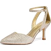 mysoft Women's Pumps Shoes Pointed Toe Kitten Low Heels Stiletto Ankle Strap Closed Toe Wedding Party Dress Sandals