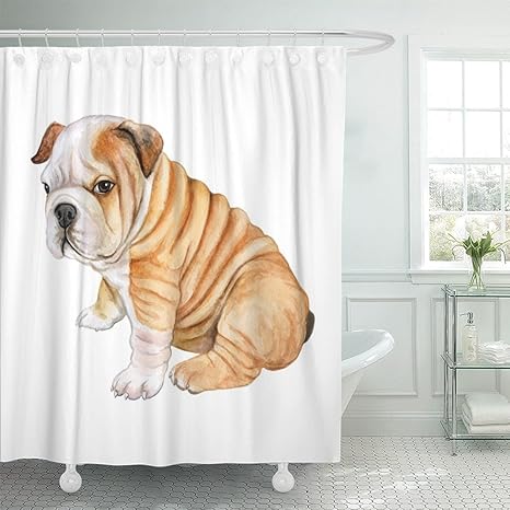 Amazon Emvencyシャワーカーテンポリエステル印刷72 X 72インチブラック動物子犬英語ブルドッグホワイトかわいいリアルな犬水彩ブラックバスルーム 72x78 イエロー シャワーカーテン ホーム キッチン オンライン通販