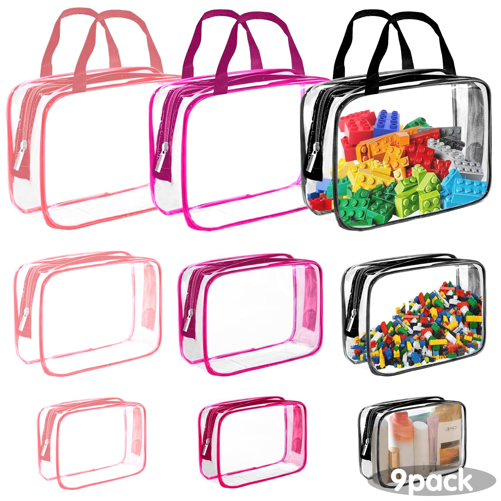 Reofrey 9 Pcs Clear PVC Toy Storage Bags with Zipper, 3 Sizes Multi-Purpose Storage Bag with Handles, 3 Colors Toy Organizer Travel Bag Wash bag, Puzzle Storage, Clothes Cosmetic Organizer