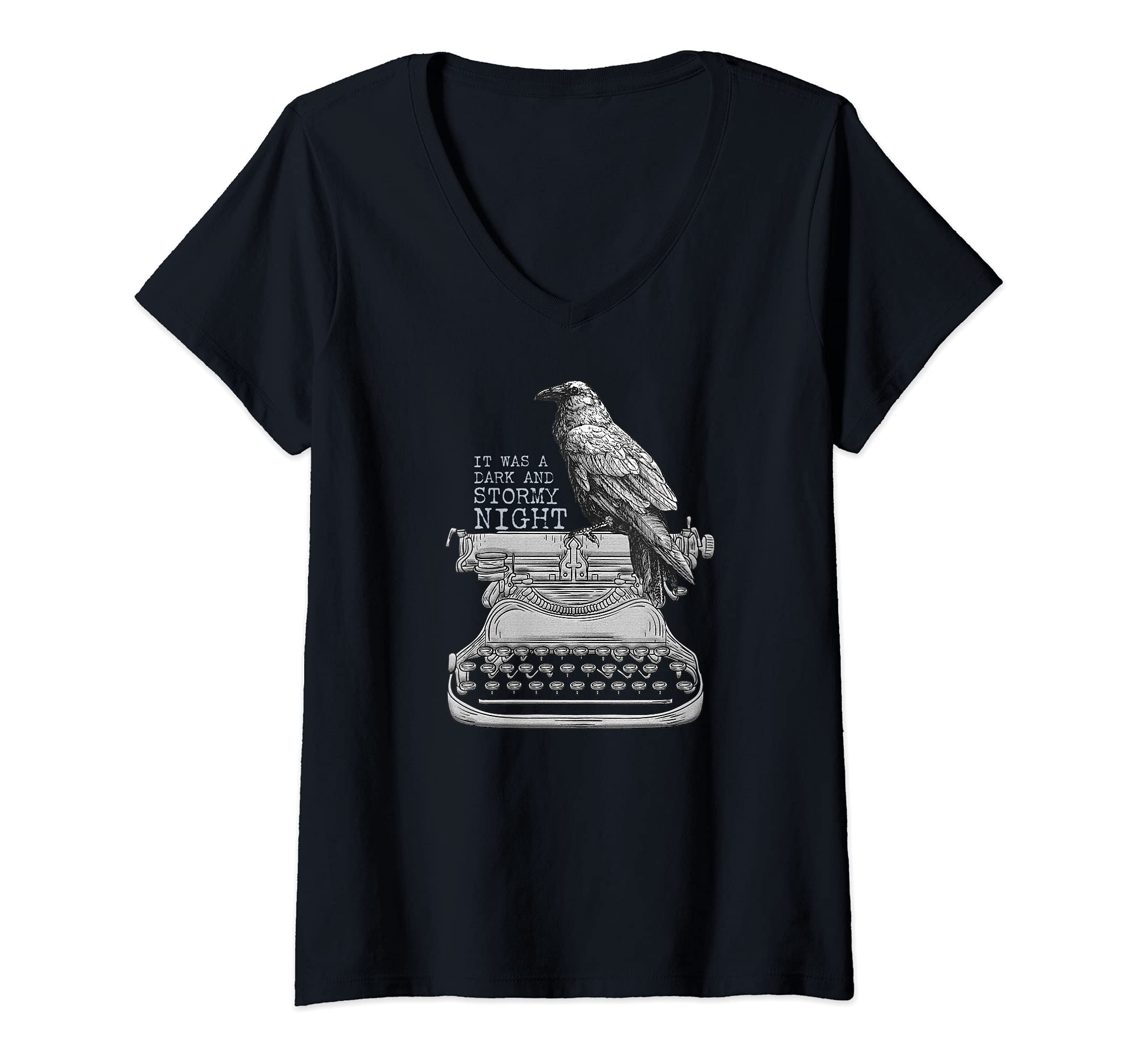 Womens Funny Writer Typewriter Dark & Stormy Night Book Lover V-Neck T-Shirt