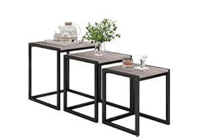 Diolong Industrial Coffee Table Set of 3 Nesting Table Modern Side Table Metal Wood End Table Sturdy Bedside Table/Gray