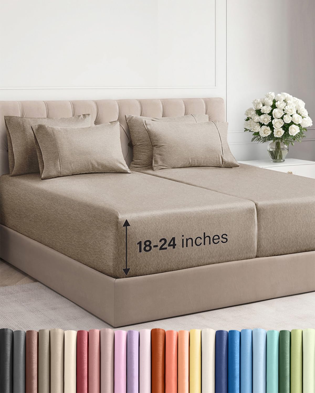 Photo 1 of Extra Deep Split King Sheet Set - 7 Piece Breathable and Cooling Sheets - Hotel Luxury Bedding for Women, Men, Kids & Teens - Secure Fit - Soft and Wrinkle Free - Extra Deep Pockets - Heathered Beige