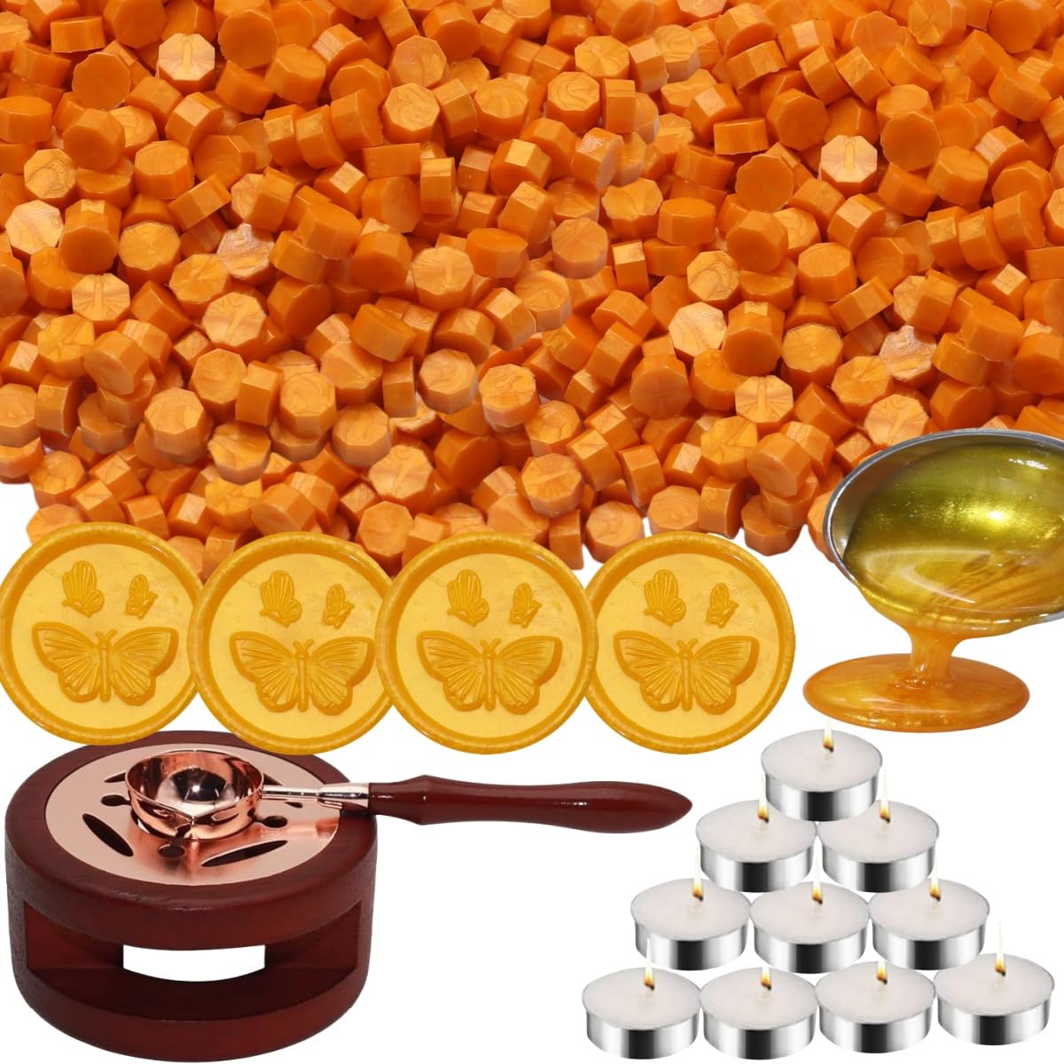 Sealing Wax Beads Kit, Atopbb 300pcs Mixed Red Color Wax Seal Beads, 1pcs Wooden WaxSeal Warmer, 1pcs Melted Spoon and 10pcs Tea Candles for WaxSealing Stamp Kit (300, Orange Yellow)