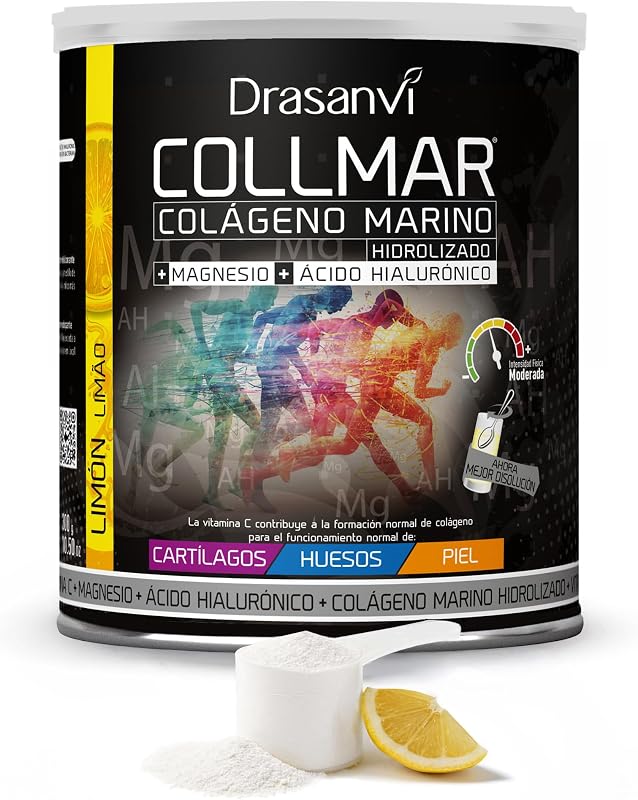 COLLMAR Colágeno Marino Hidrolizado con Ácido Hialurónico, Magnesio, Vitamina C | para Cartílagos, Huesos y Piel |Alta Dosis 9.717 mg/dia |300g de Polvo=28 Días | Sabor Limón
