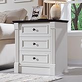 Aitjunz 26" Tall Nightstand with Charging Station, Farmhouse 23.6" Wide Large End Table w/Roman Column, Wood Rustic Side Table w/Metal Handle, 3 Drawers Dresser for Bedroom, Living Room, White