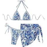 SHENHE Women's 3 Piece Bathing Suit Floral Halter Tie Back Thong Bikini Set with Sarong Cover Ups