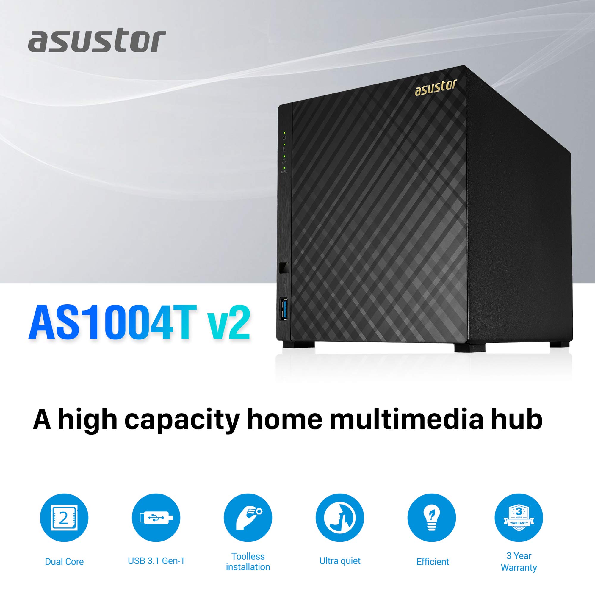 Asustor AS1004T v2-4 Bay NAS + Free exFAT License, 1.6GHz Dual-Core, 512MB RAM, Network Attached Storage, Personal Private Cloud, Home Media Server (Diskless)