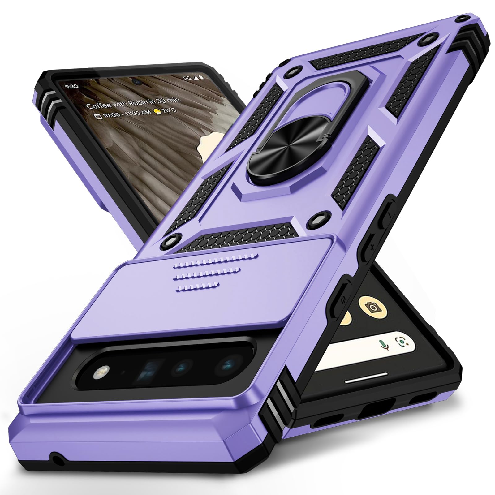 Vinve for Google Pixel 6 Pro Case with Slide Lens Cover, Military Grade Drop Protection, Magnetic Rotated Ring Holder Kickstand Protective Phone Case (Lavender)