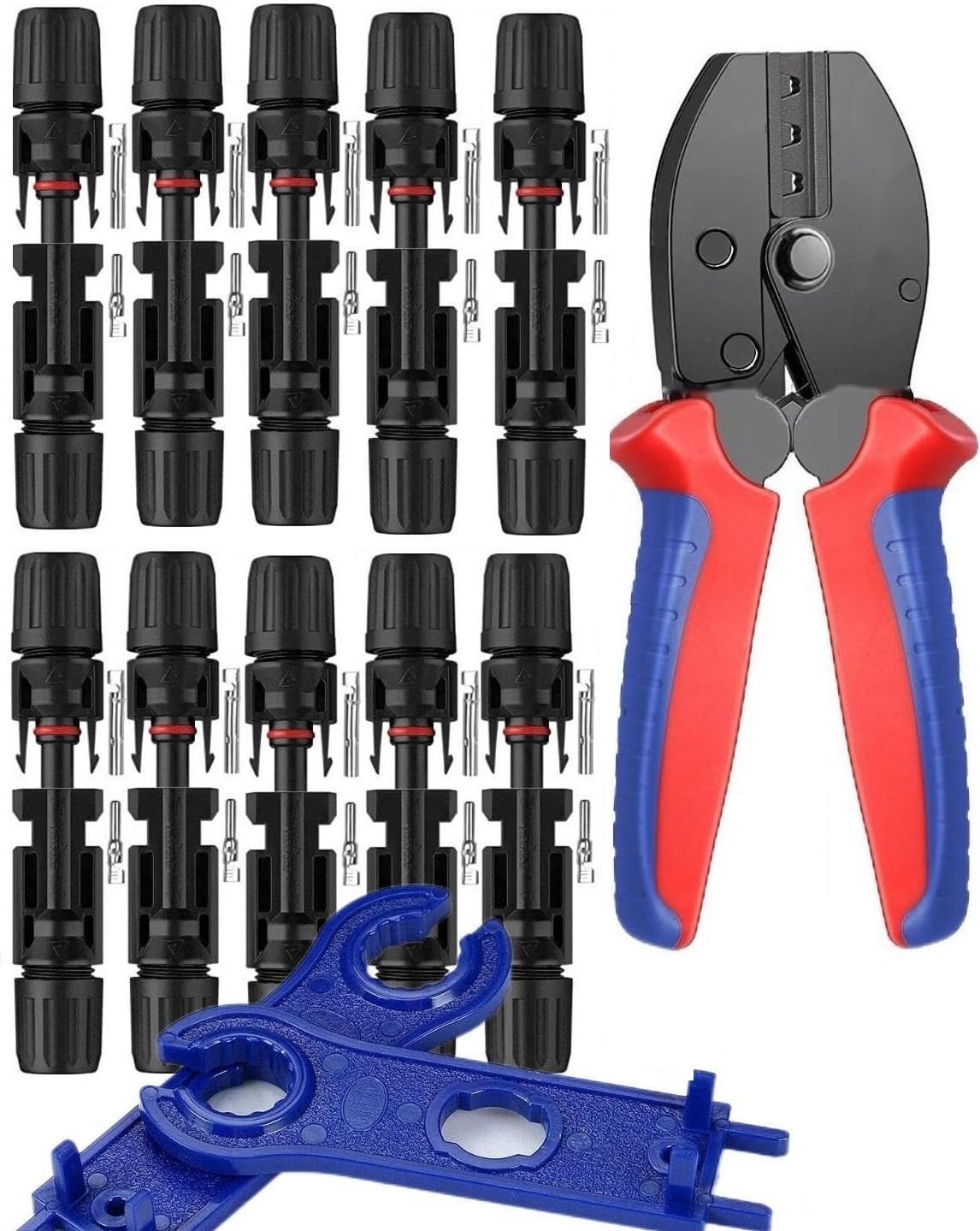 Solar crimping tool set for 2.5/4/6 mm² solar panel PV cable, 1 x PV crimping plier, 10 pairs of solar cable plugs, 10 pairs male/female solar plug + 2 x solar connector wrenches