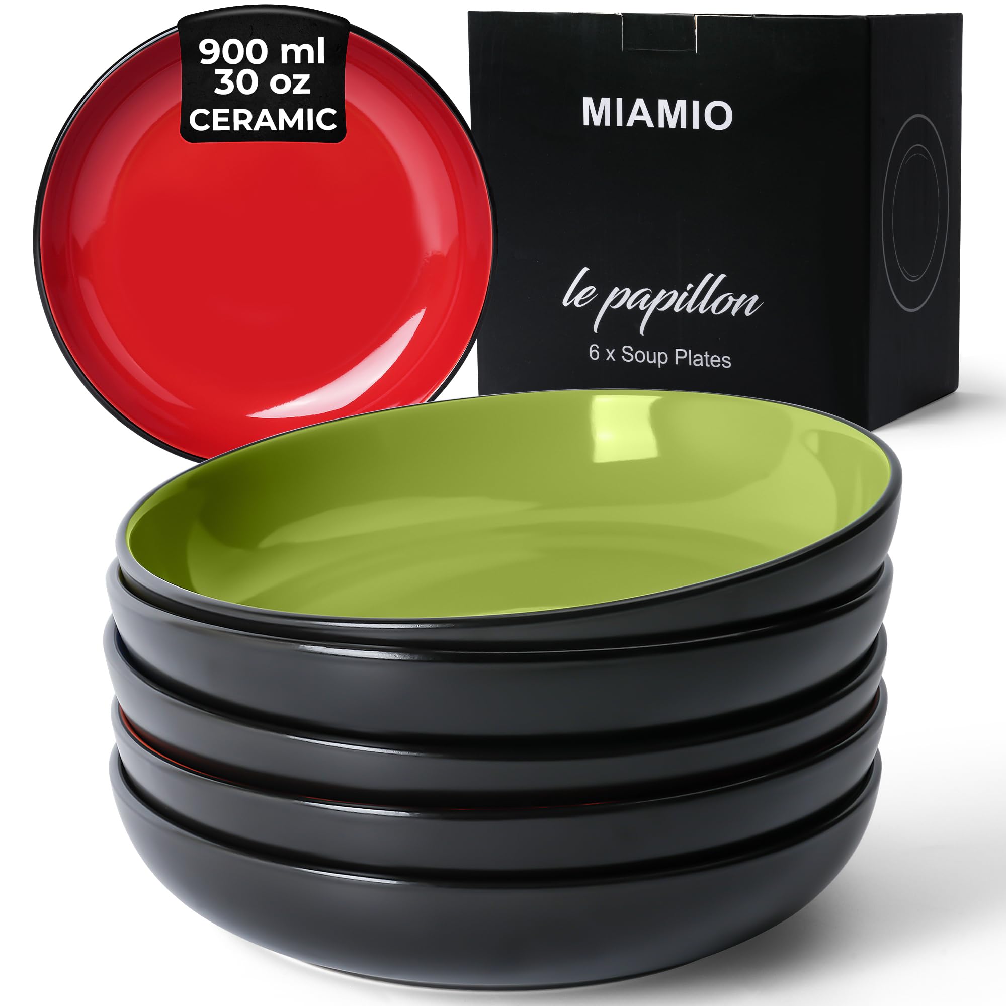 Photo 1 of MIAMIO – 30 Oz / 8.6 Inch Set of 6 Pasta Bowls/Salad Bowls, Pasta Plates Wide and Shallow Bowl, Large Ceramic Stoneware Deep Plate Serving Soup - Le Papillon Collection (Mixed)