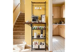FAESUN Small Coffee Bar Station, 5-Tier Bakers Rack with 1 Foldable Shelf & Storage, Corner Coffee Stand Station for Small Space, for Kitchen, Entryway, Living Room, with 3 S-Shaped Hooks, Rustic Brown