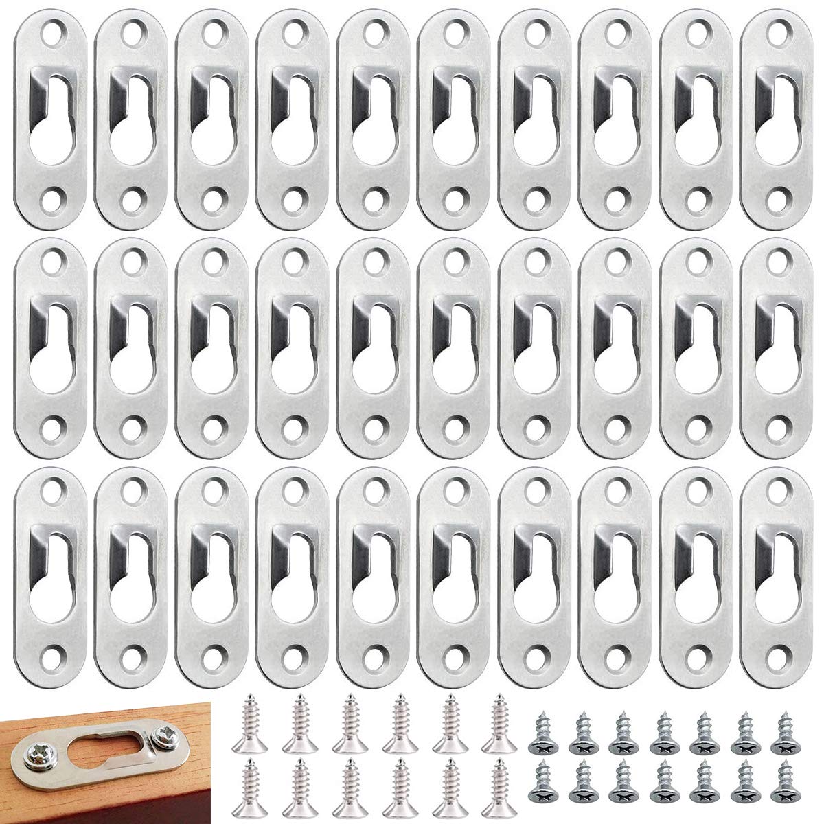 Keyhole Hangers,Tianher 100 Pcs 45x 16 mm Picture Hangers Picture Hanging Fasteners for Picture Frames with 200 Screws Hardware (Silber)