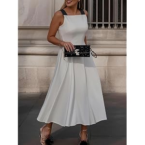 Womens White Square Neck Contrast Black Strap A-Line Midi Dress