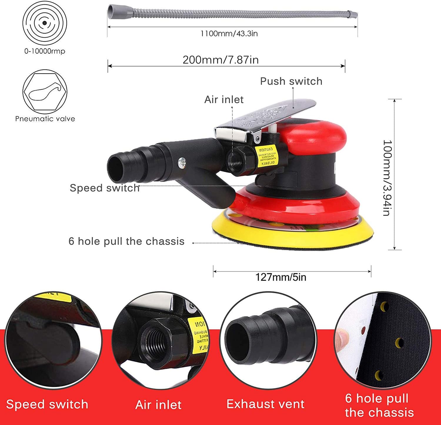 Autolock air Orbital Sander for Compressor Pneumatic,7 Pieces of 150mm Sandpaper + Equipped with