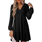 Dokotoo Spring Dresses for Women 2026 Long Sleeve V Neck Lightweight Ribbed Knit Empire Waist Casual A Line Swing Mini Dress