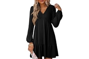 Dokotoo Fall Dresses for Women 2025 Long Sleeve V Neck Lightweight Ribbed Knit Empire Waist Casual A Line Swing Mini Dress