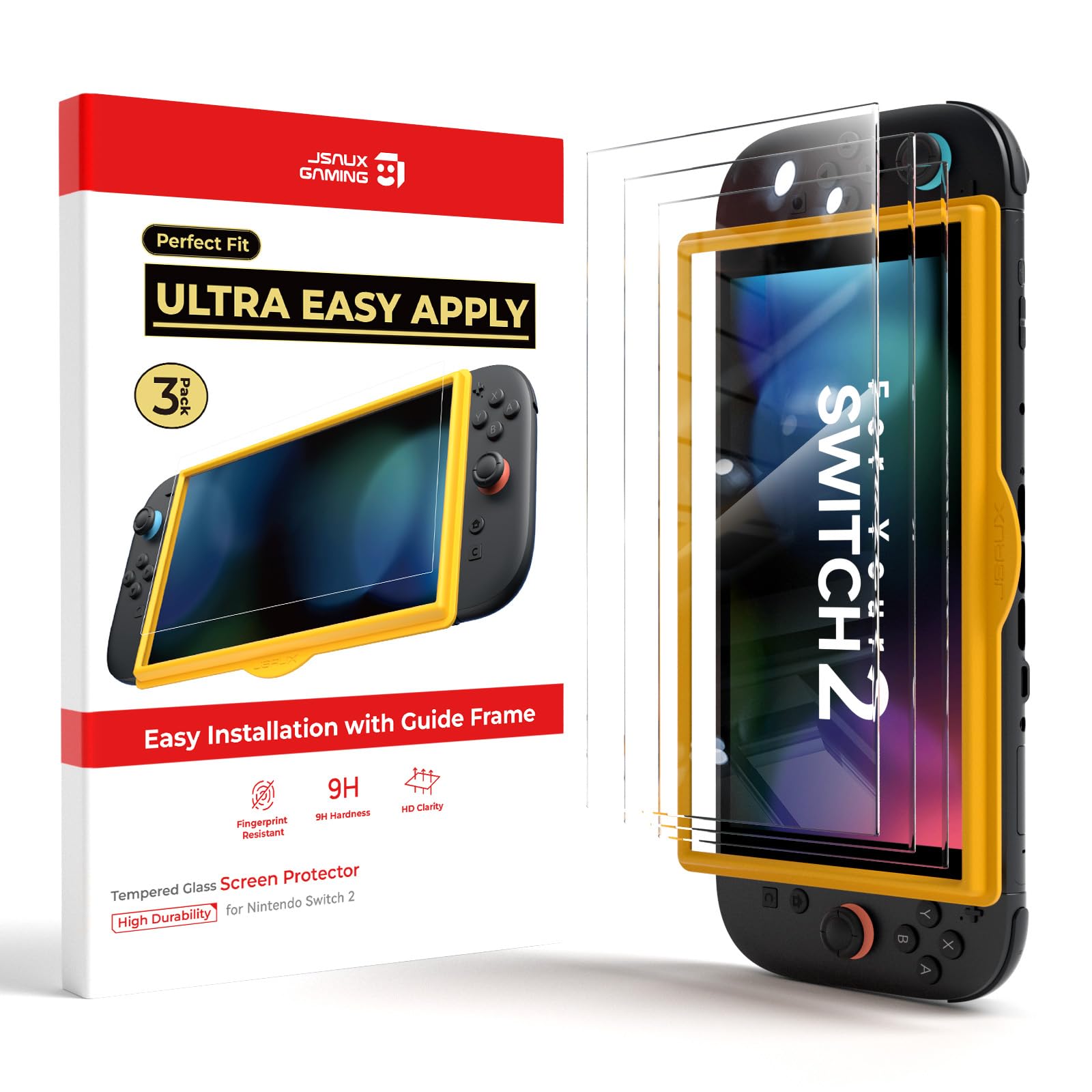 JSAUX 3er-Pack Schutz Glas für Nintendo Switch 2 (2025), Einfache Installation mit Montagerahmen, Ultra HD Displayschutzfolie mit 9H Härte, Kratzfest, Full-Screen Abdeckung, Schutz Zubehör