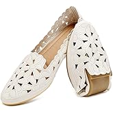 HEAWISH Women's Floral Ballet Flats for Women Black Beige Slip On Flowers PU Leather Round Toe Dress Shoes