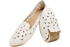 HEAWISH Women's Floral Ballet Flats for Women Black Beige Slip On Flowers PU Leather Round Toe Dress Shoes