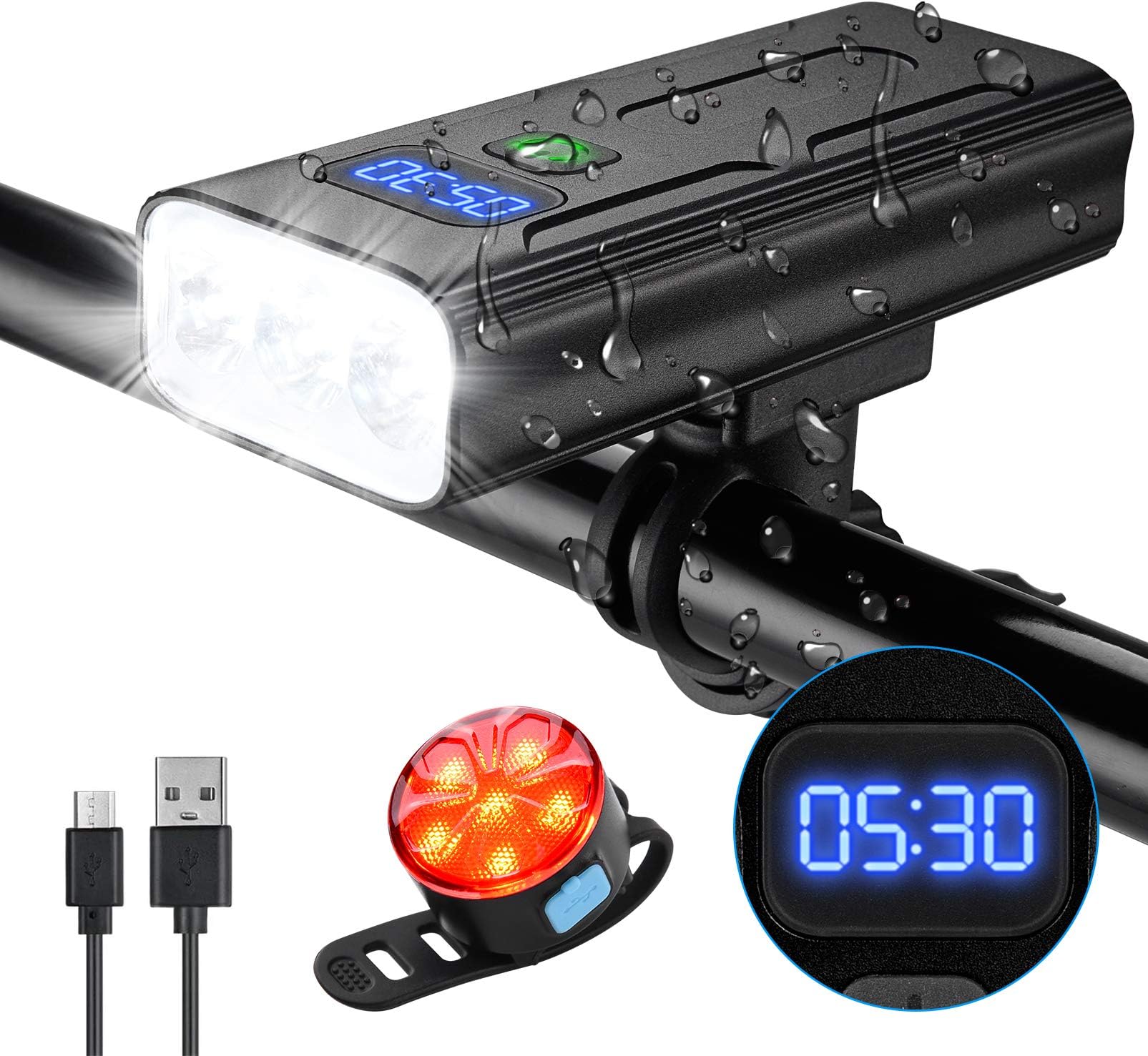 OVOOR Bike Light Set USB Rechargeable Bike Headlights 5200mAh Bicycle Light | 3 LED 1200 Lumens Bike Headlight with 3 Light Modes for Bicycle/Mountain/Road Commuting 12 Modes Warning Rear Light