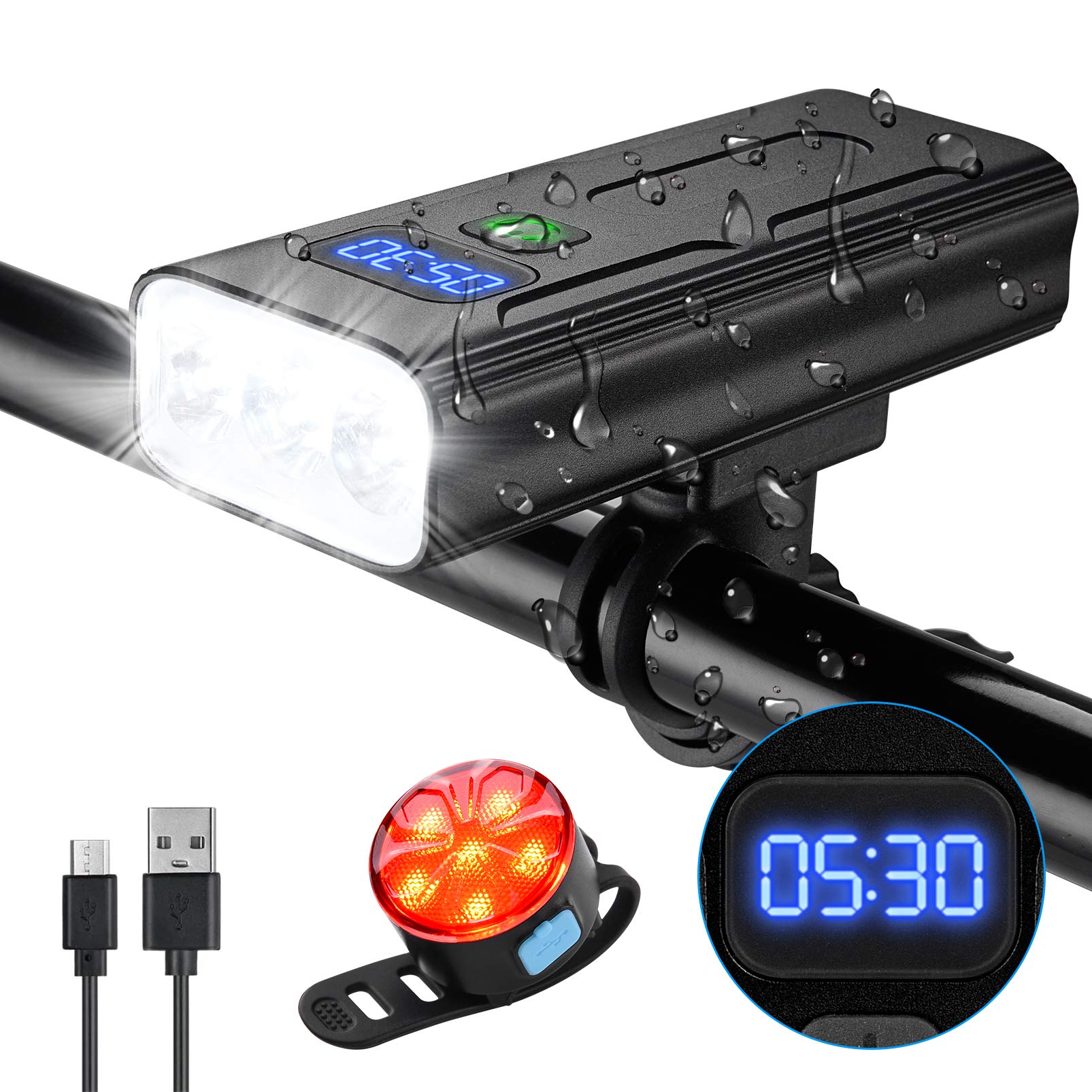 OVOOR Bike Light Set USB Rechargeable Bike Headlights 5200mAh Bicycle Light | 3 LED 1200 Lumens Bike Headlight with 3 Light Modes for Bicycle/Mountain/Road Commuting 12 Modes Warning Rear Light