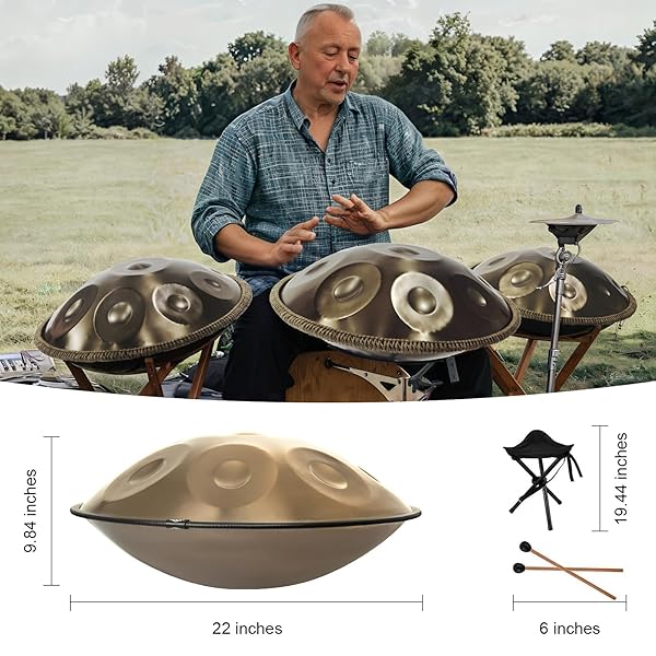 HANDPAN DRUM 22 INCHES D MINOR KURD, 432HZ 10 NOTES HAND DRUM INSTRUMENT, PREMIUM STEEL DRUM, HANDPAN INSTRUMENT FOR ADULTS (GOLD)