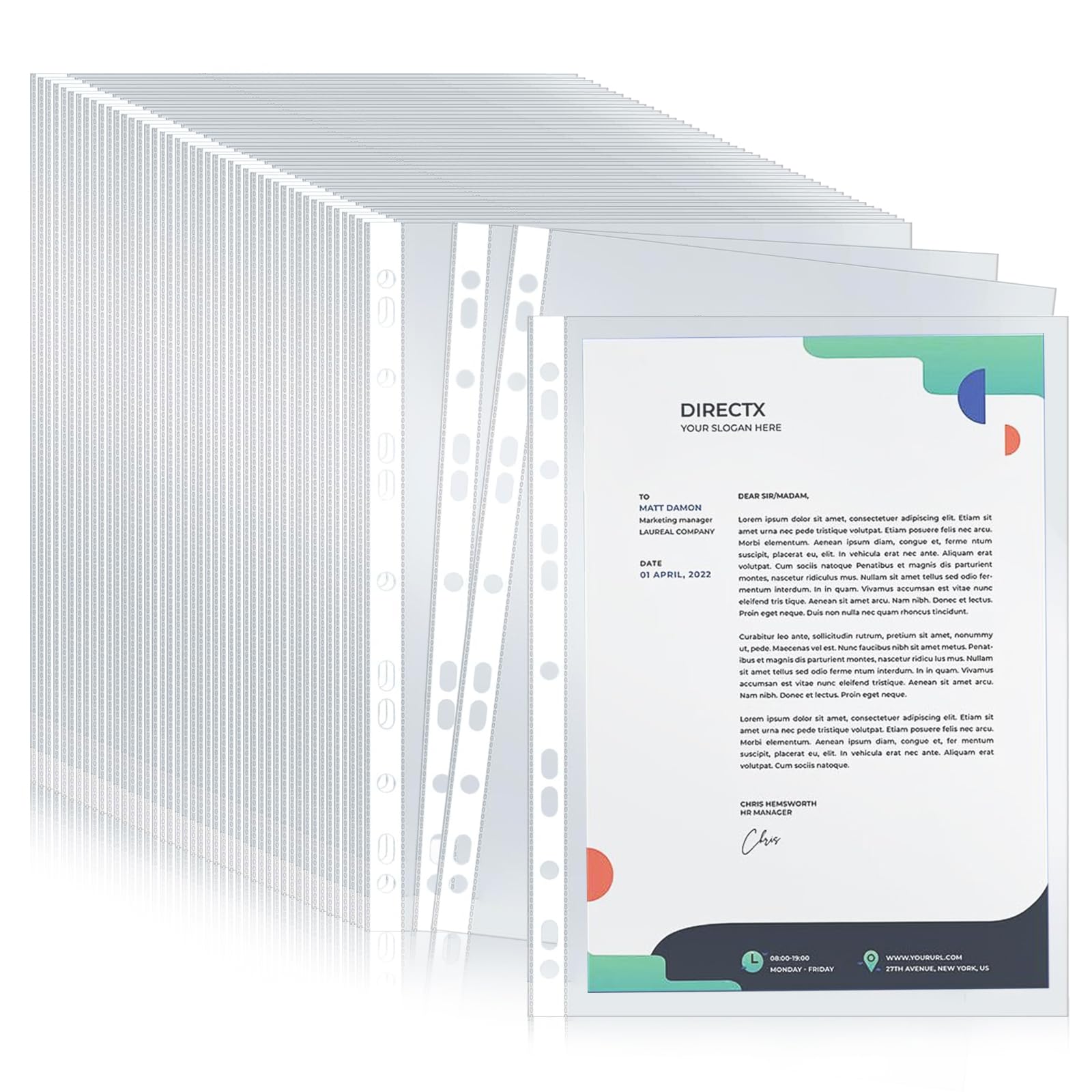 Punched Pockets A4, 100 Pcs Poly Pockets A4 Punched 60 micorn Binder Pouch Clear Binder Pocket Document Filing Bags Document Organiser Storage Pocket for Home & Offices