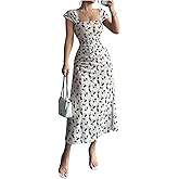 GORGLITTER Women's Floral Bodycon Maxi Dress Elegant Summer Mesh Off The Shoulder Ruched Split Wedding Guest Dresses