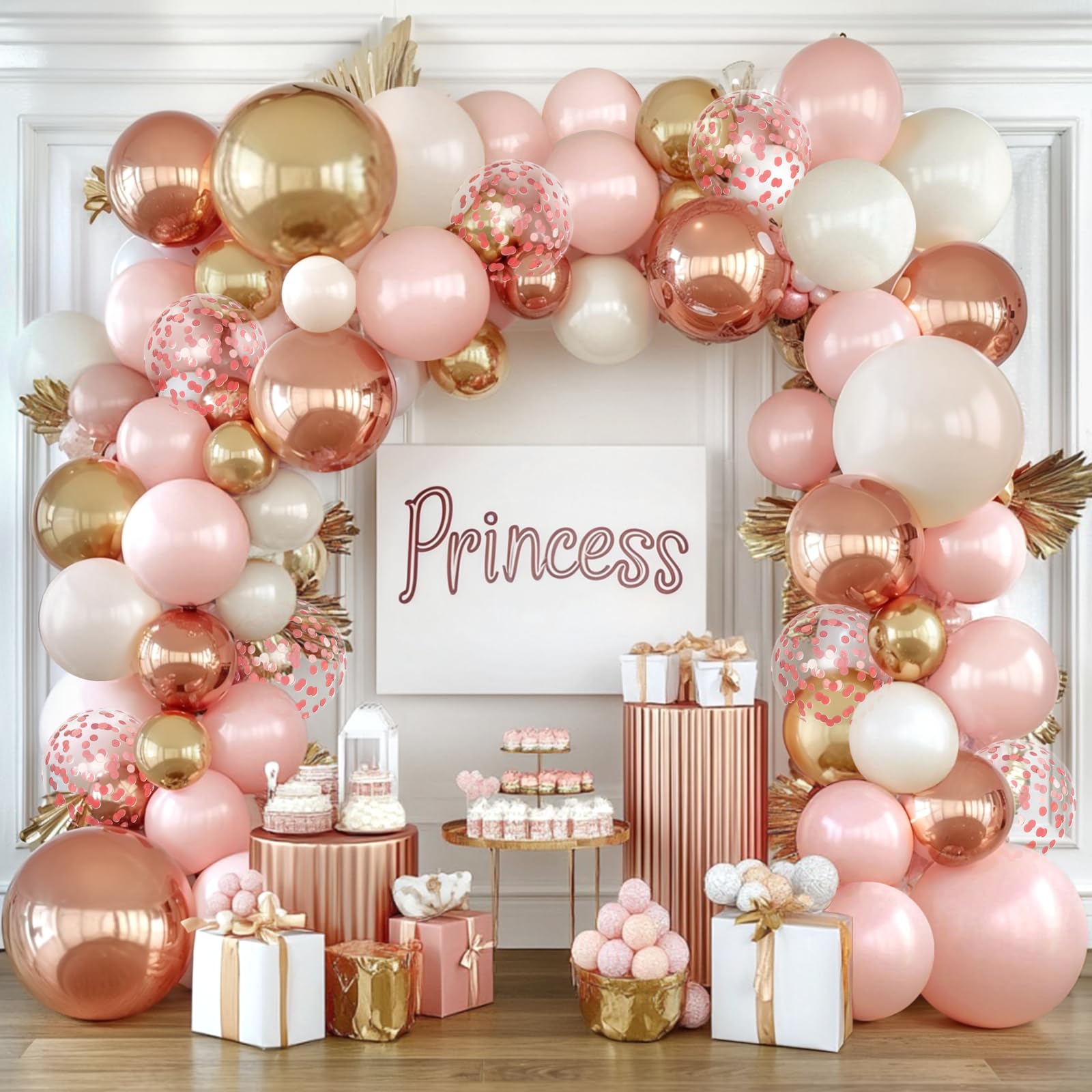 Photo 1 of Rose Gold Pink Balloon Arch Kit, Double Stuffed Pearl White Rose Gold Metallic Light Pastel Pink Balloons Garland Kit for Birthday Bridal Shower Baby Shower Wedding Party Decorations