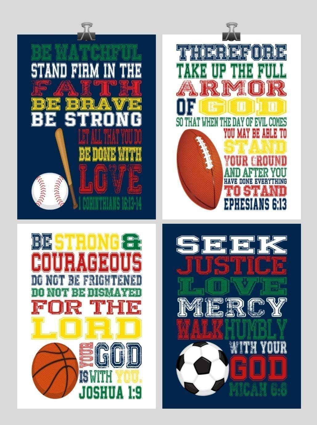 Sports Christian Nursery Decor Set of 4 Prints - Baseball, Football, Soccer, Basketball - Playroom or Kids Room Decor