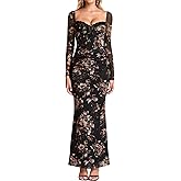 KUTUMAI Women Long Sleeve Lace Corset Formal Wedding Guest Dress Bodycon Ruched Mesh Cocktail Maxi Dresses