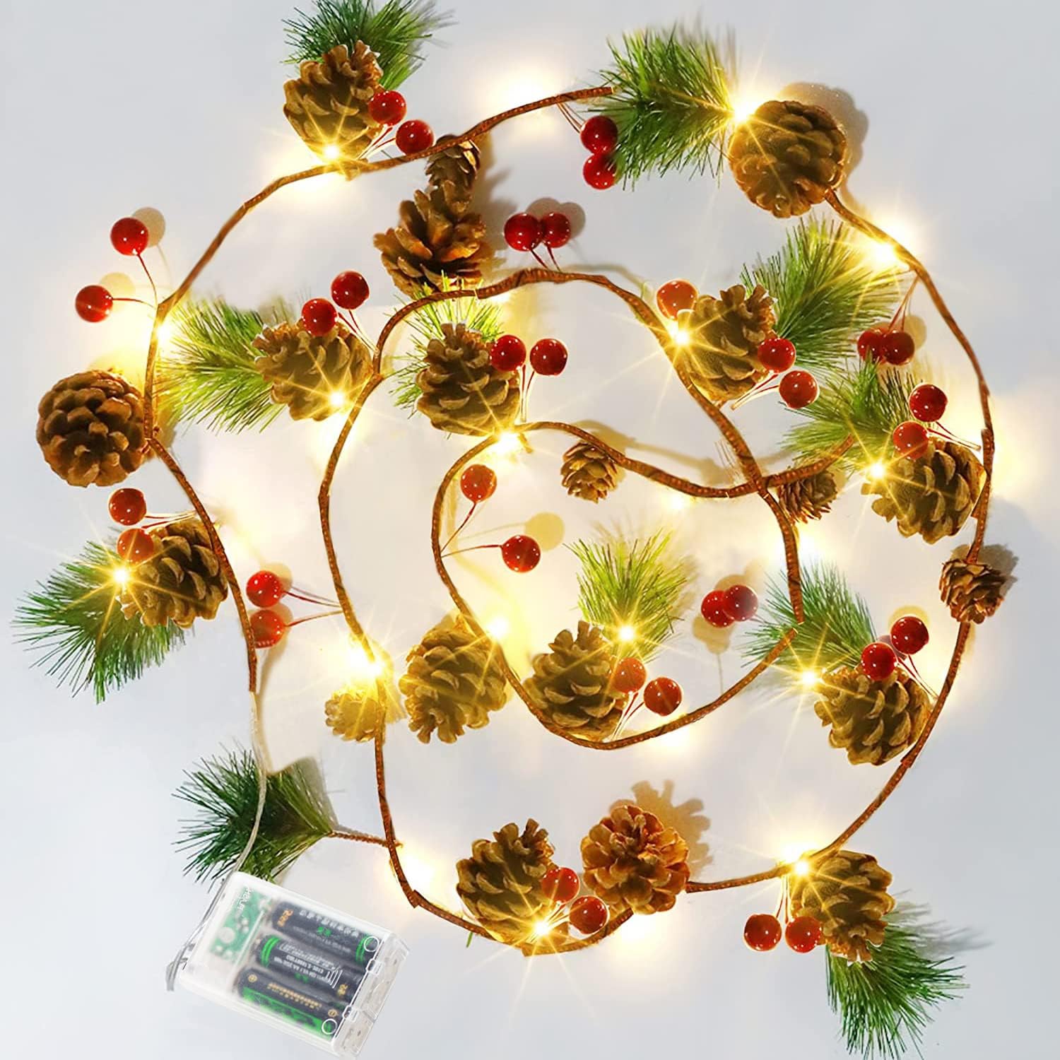 Wreaths, Garlands & Swags - Hongyitime 7.8 FT PineCones String Lights, christmas pine cone light string, 20 LED Red Berry Pine Cone Garland Lights, led Garland String Lights, Christmas Decorations for Home, Garland for Fireplace