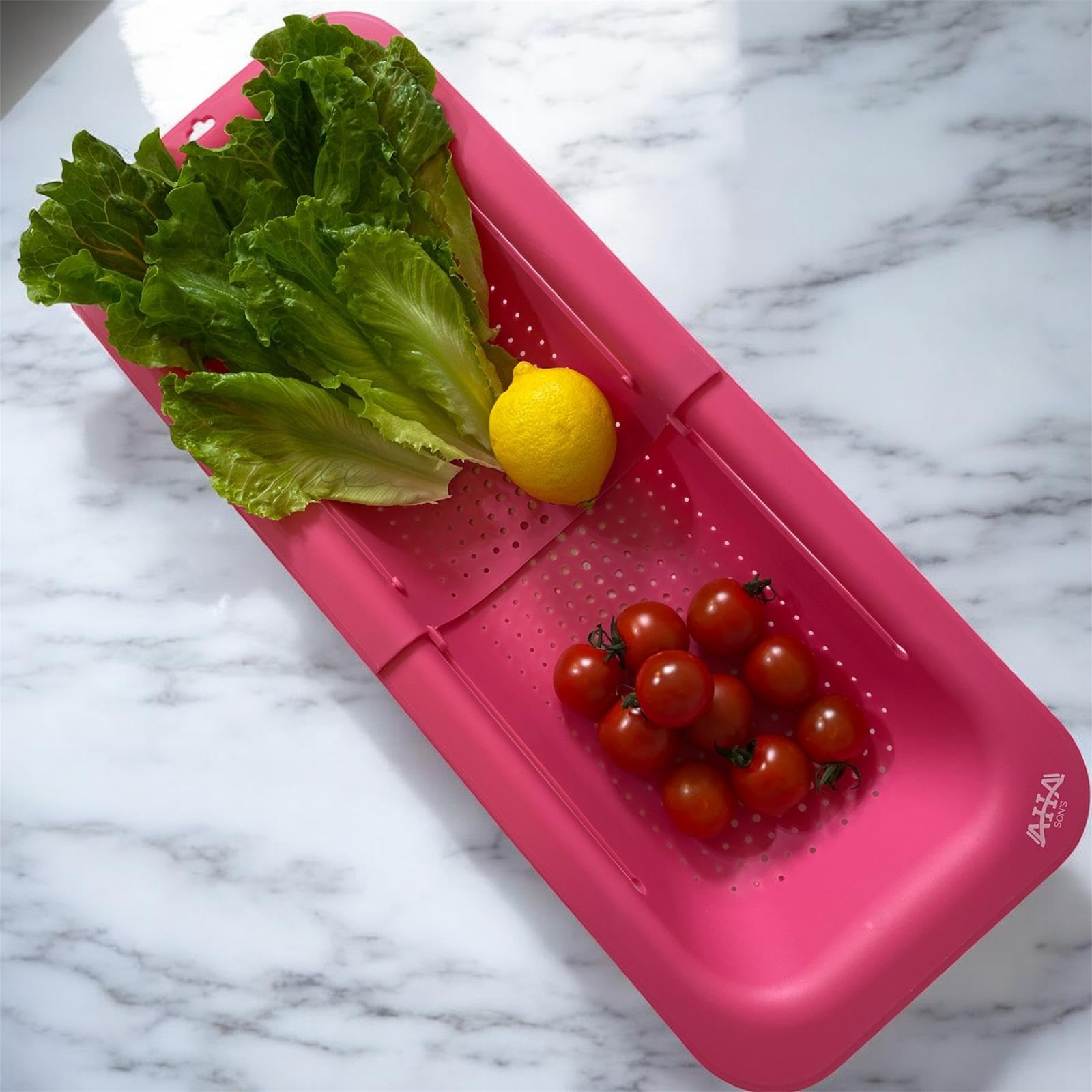 AHASON'S Over The Sink Colander Strainer Basket, Wash Vegetables and Fruits, Drain Cooked Pasta, Extendable Basket (Rose Pink)