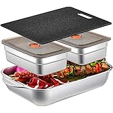 Tiangrid 4 Pcs Grill Prep Trays Set Includes Stainless Steel Grilling Prep and Serve Tray Grill Platter 2 Marinade Container with Lids and Cutting Board for BBQ Outdoor Grilling (Deep Tray)