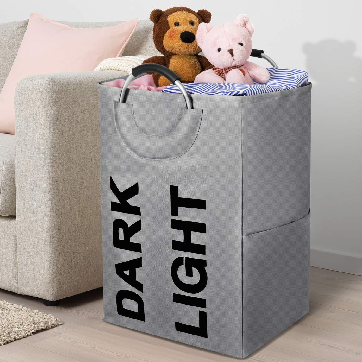 WISHPOOL Double Large Foldable Laundry Hamper Divided Handy Stand Collapsible Laundry Basket Waterproof Bag Bin Organizer Storage Corner with Handles (Dark Grey) …