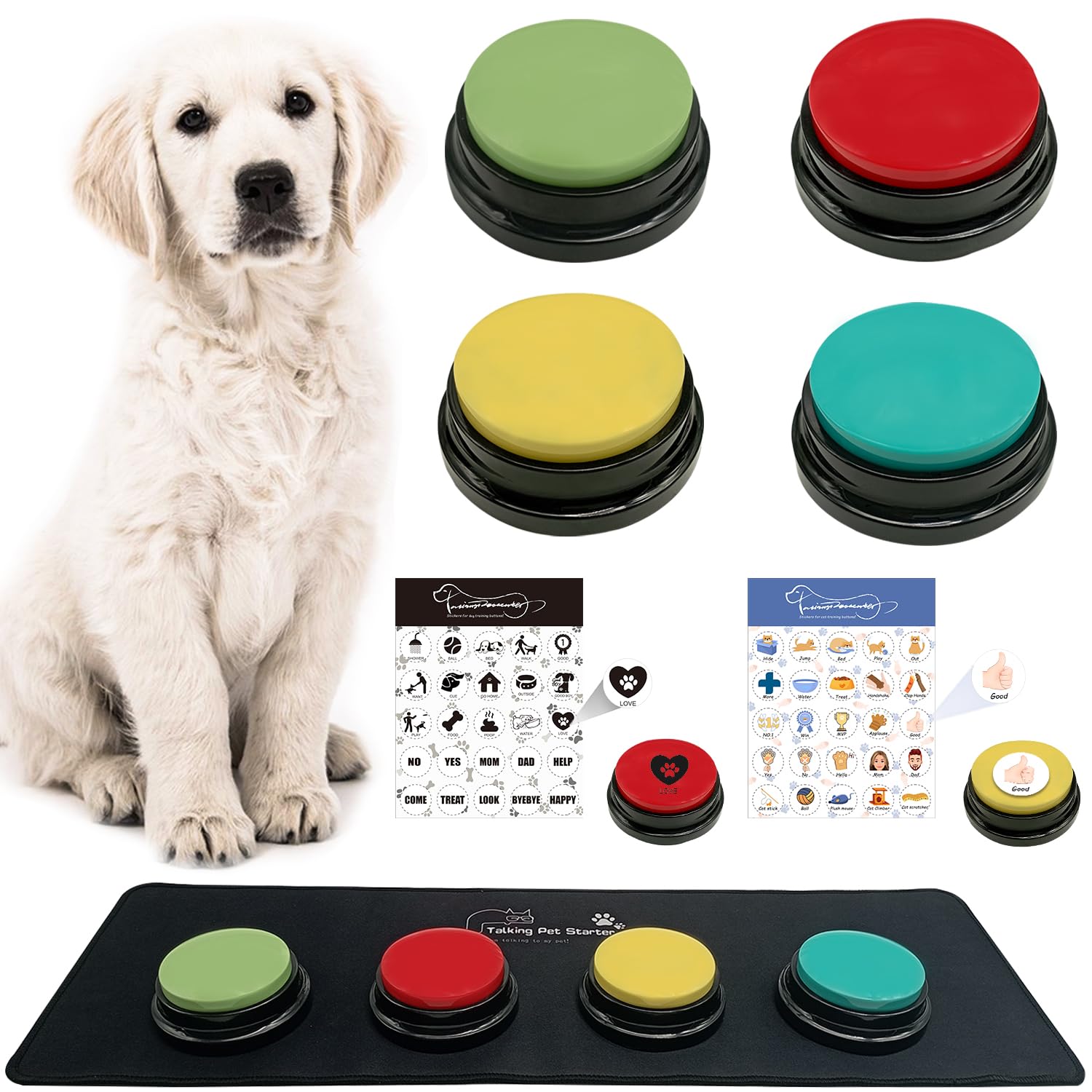 MMGGAISH 4-Piece Dog Talking Button Set, Dog Button for Communication, 30-Second Recordable Voice Pet Buzzer Training Button, Dog Button with Waterproof Non-Slip Pad and 50 Dog Training Stickers