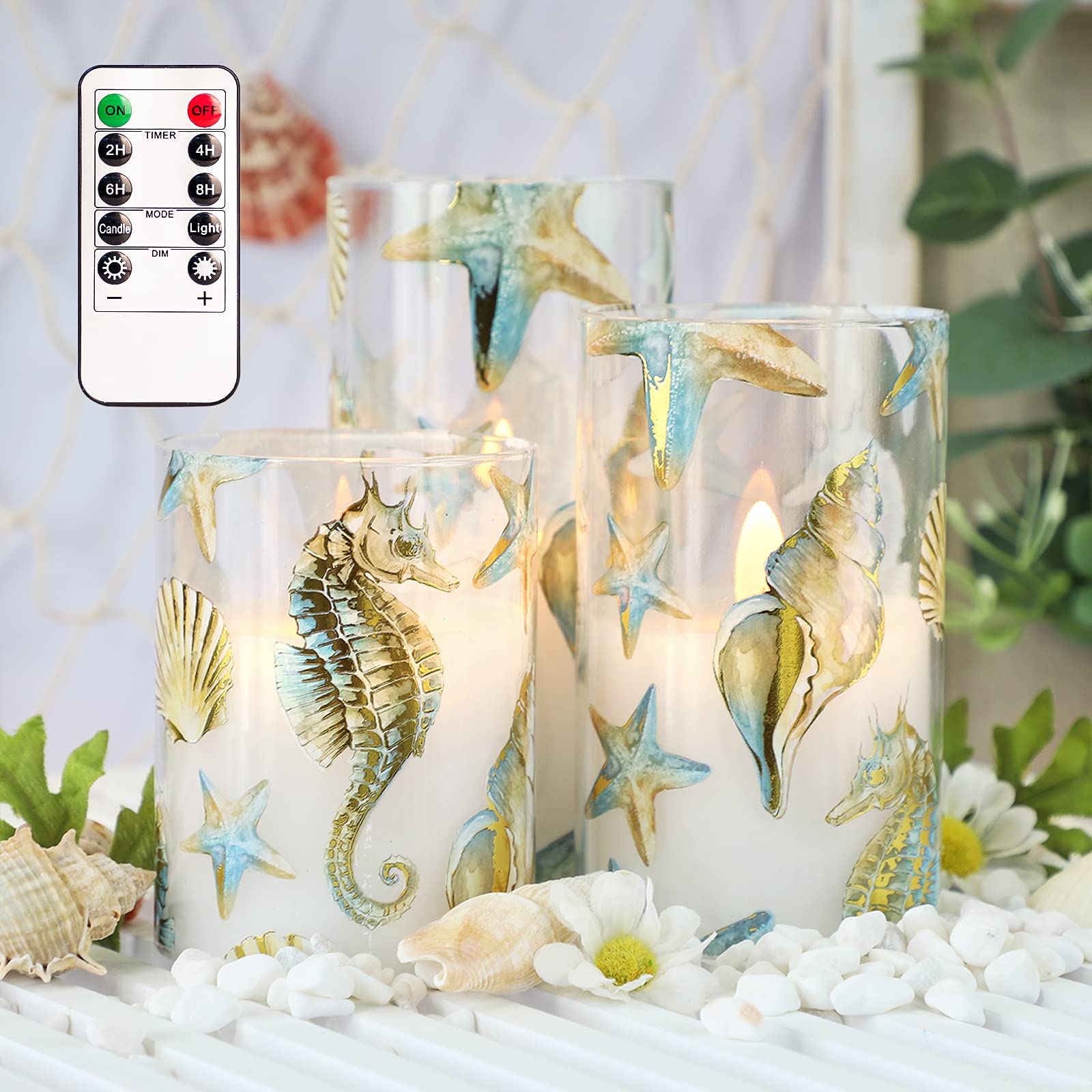 Photo 1 of REVELBUNNY Ocean Theme LED Candles, Battery Operated Flameless Candles Flickering with Remote Control and Timer, Real Wax Pillar Glass Candles for Home Party Wedding Decor, Set of 3