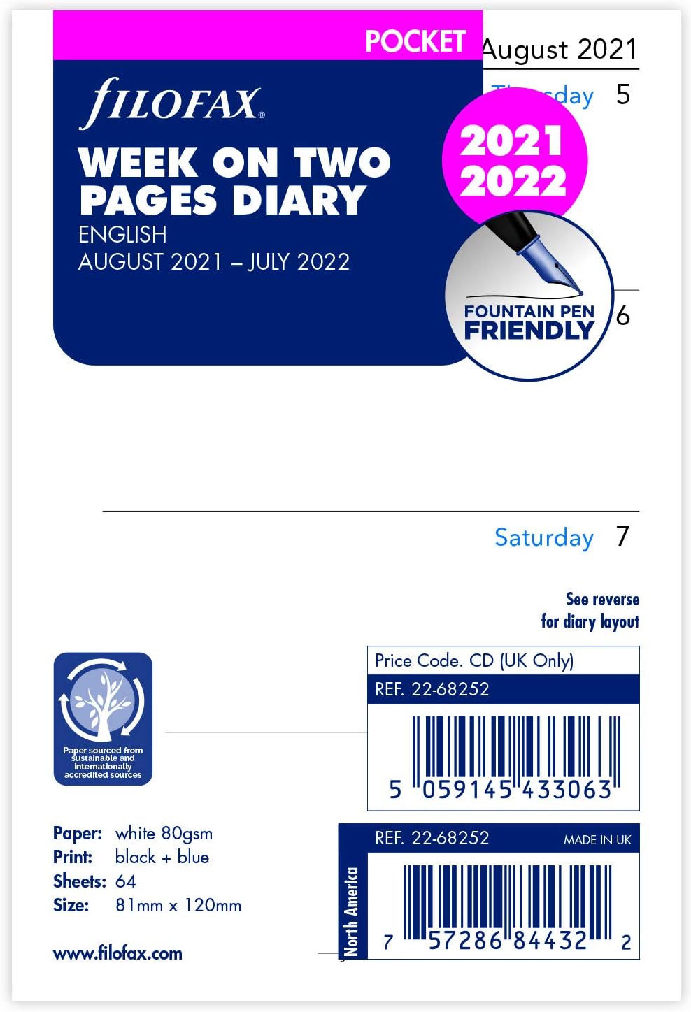 Filofax Pocket Week on Two Pages English mid Year Diary August 21 - July 22 Pocket (81 x 120mm)