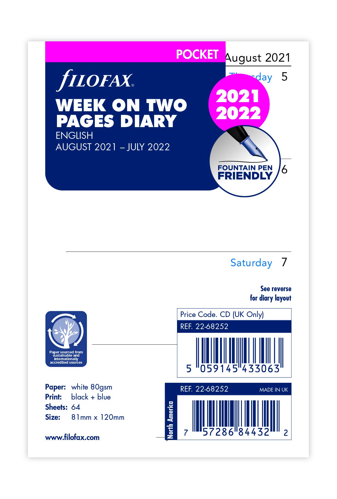 Filofax Pocket Week on Two Pages English mid Year Diary August 21 - July 22 Pocket (81 x 120mm)