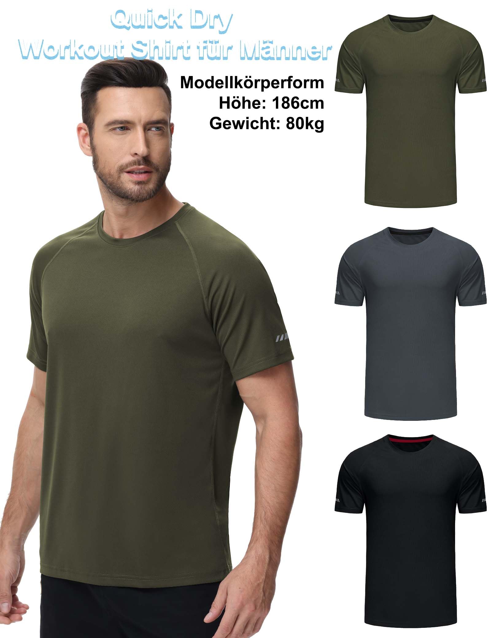 T-Shirt Für Herren Schwarz Sport Kurzarm Rundhals Schnelltrocknend Gym Activewear Reflektierend Nachtlauf Trainingsshirt - Schwarz Grau Grün - XXL 4