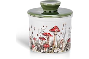 Fungi Fun Mushroom Butter Crock, Ceramic French Butter Dish with Lid for Countertop, Decorative Mushroom Kitchen Accessories and Kitchen Decor, Airtight Ceramic Container & Keeper. White, Red & Green